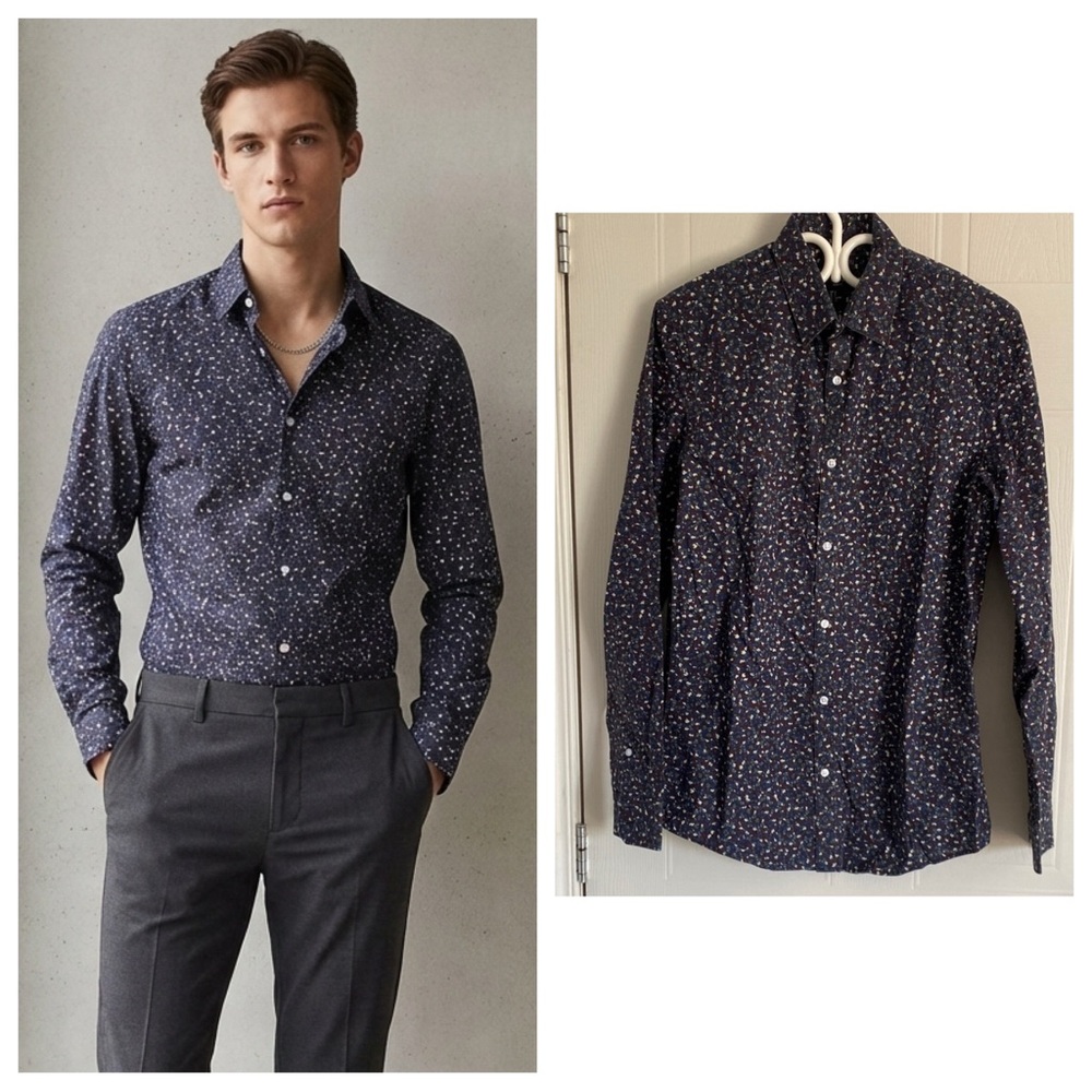 H&M Slim Fit Button Up Navy Blue Micro Floral Print Modern Office Small